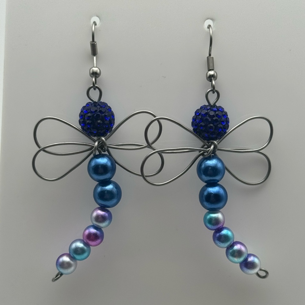 Blue Beaded Dragonfly Earrings